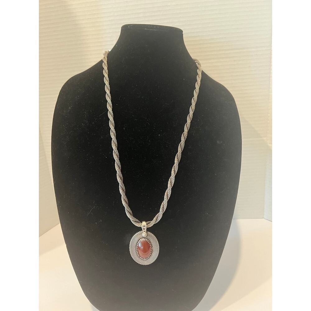 NWT Anne Klein Silver Tone Twisted Rope Necklace Brown Cabochon Stone Pendant